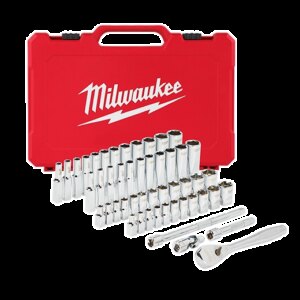 Juego de trinquete con boca de 1/4" y cubos sae y métricos, 50 pzs