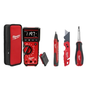 Kit de electricista                                                                                                                                               (multimetro 221720 detector de voltaje 220220,navaja fast back 48221901,desarmador 11 en 1 48222114)