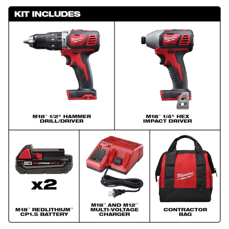 Combo inalámbrico de 2 herramientas rotomartillo 1/2" m18™ + llave de impacto compacta hexagonal 1/4" m18™ con carbones 18 voltios ion de litio con dos baterias compactas 1.5 amp + cargador + maleta de almacenaje.